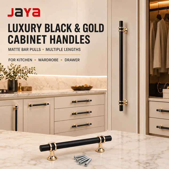 JAYA Luxury Matte Black and Gold Cabinet Handles Modern Bar Drawer Pulls for Kitchen Wardrobe Cupboard Closet Furniture Hardware