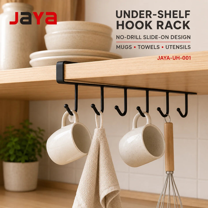 JAYA Under-Shelf Hanging Hook Rack No-Drill Slide-On Metal Mug Towel Utensil Hanger for Kitchen Cabinet Storage