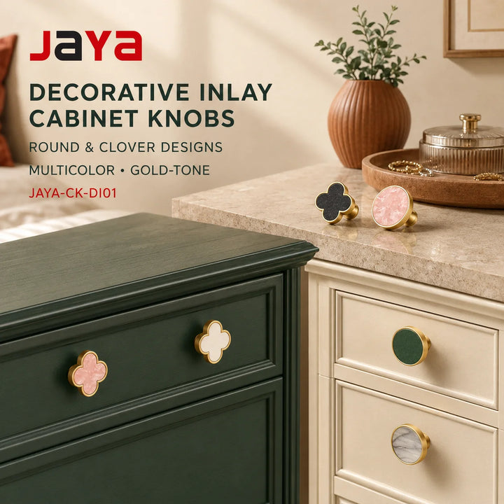 JAYA Decorative Inlay Cabinet Knobs Round Clover Shape Gold Tone Drawer Pulls for Kitchen Wardrobe Dresser Furniture