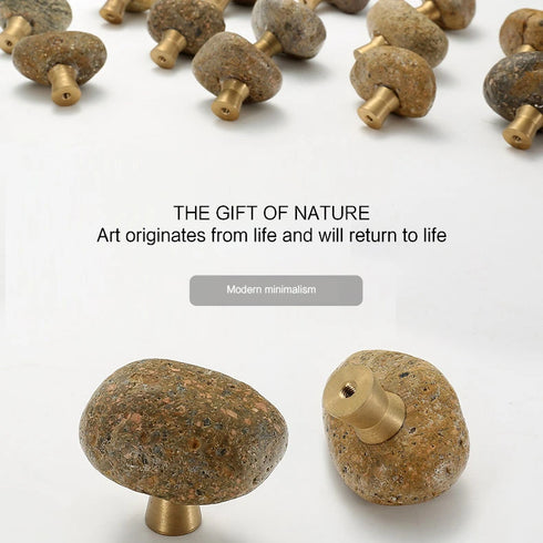JAYA Natural Pebble Stone Cabinet Knobs with Brass Base Mini Drawer Pulls for Kitchen Wardrobe and Furniture Doors