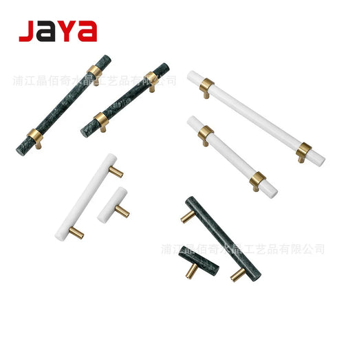 JAYA Luxury Marble and Brass Cabinet Handles Green White T Bar Pulls Knobs for Kitchen Cabinets Drawers and Wardrobes