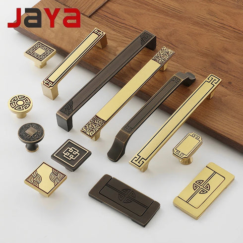 JAYA New Chinese Style Copper Cabinet Handles and Knobs Oriental Drawer Pulls for Wardrobe Cupboard Furniture