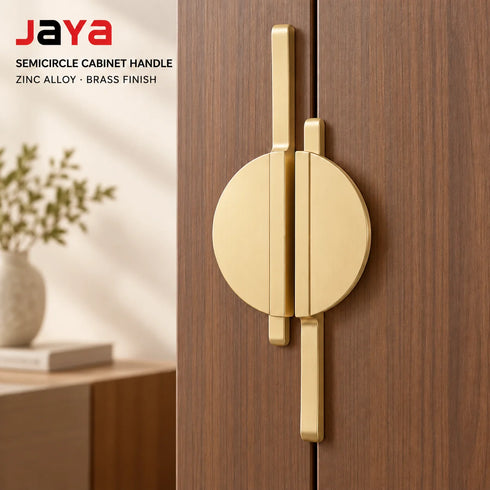 JAYA Brass Finish Zinc Alloy Semicircle Cabinet Handles Pair Mounted Half Moon Pulls for Kitchen Wardrobe Drawer Door Furniture