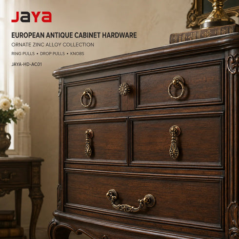 JAYA European Antique Zinc Alloy Cabinet Hardware Collection Ring Pulls Drop Pulls Knobs and Handles for Drawers Wardrobes