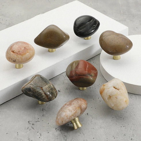 JAYA Natural Pebble Stone Cabinet Knobs with Brass Base Mini Drawer Pulls for Kitchen Wardrobe and Furniture Doors