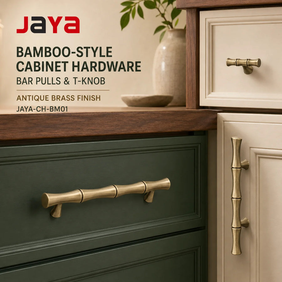 JAYA Bamboo Style Antique Brass Finish Cabinet Pull Handles and T Knobs for Kitchen Cupboard Wardrobe Drawer Furniture