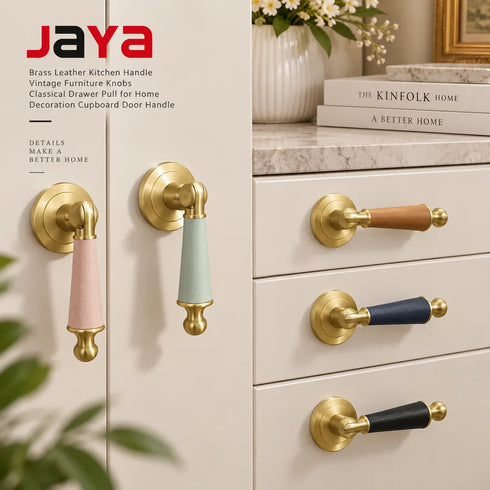 JAYA Brass Leather Modern Kitchen Handle Furniture Knobs Classical Drawer Pull Bedroom Cabinet Dresser Door Handle Easy