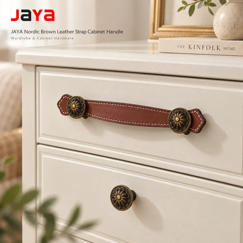 JAYA Nordic Originality Contemporary and Contracted Wardrobe Leather Handle Cabinet Brown Leather Strap Leather Handle