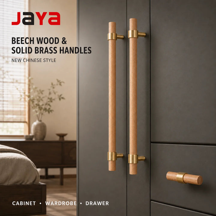 JAYA New Chinese Style Solid Brass and Beech Wood Cabinet Handles Long Wardrobe Door Pulls and T-Bar Drawer Knobs