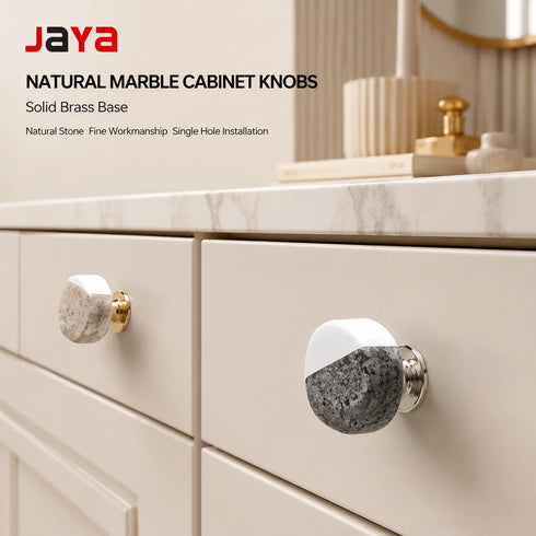JAYA Modern Two Tone Natural Marble Cabinet Knobs with Solid Brass Base for Kitchen Drawer Dresser Wardrobe Furniture