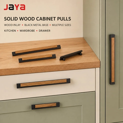 JAYA Modern Solid Wood Cabinet Pull Handles with Black Metal Base Drawer Pulls for Kitchen Wardrobe Cupboard Furniture
