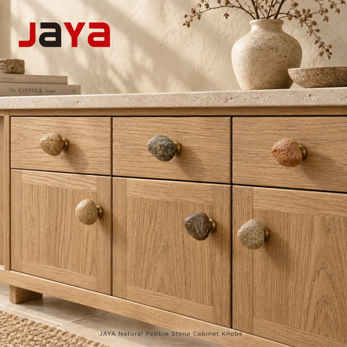 JAYA Natural Pebble Stone Cabinet Knobs with Brass Base Mini Drawer Pulls for Kitchen Wardrobe and Furniture Doors