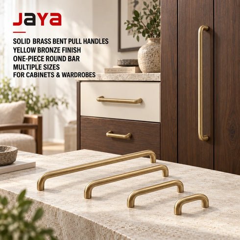 JAYA Solid Brass Yellow Bronze Cabinet Pull Handles French Retro Minimalist Long Round Bar for Wardrobe Doors Drawers