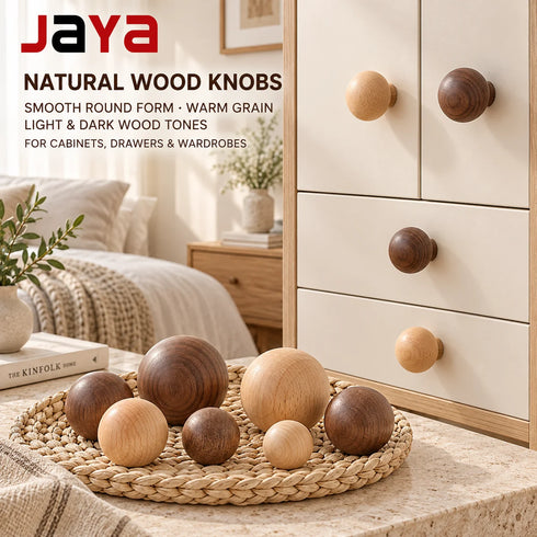 JAYA Natural Wooden Round Ball Cabinet Knobs in Multiple Sizes for Drawers Wardrobes Dressers and Cupboards