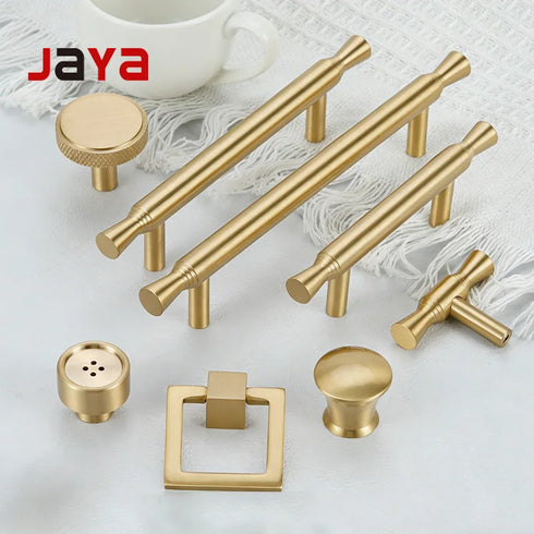 JAYA Solid Brass Cabinet Pull Handles and Knobs Satin Gold Furniture Hardware for Kitchen Drawers Wardrobe Doors