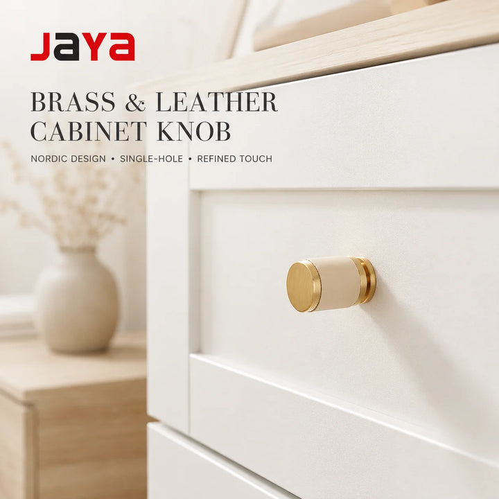 JAYA Nordic Brass and Leather Cabinet Knob Single Hole Round Drawer Pull for Kitchen Cupboard Wardrobe Furniture Door