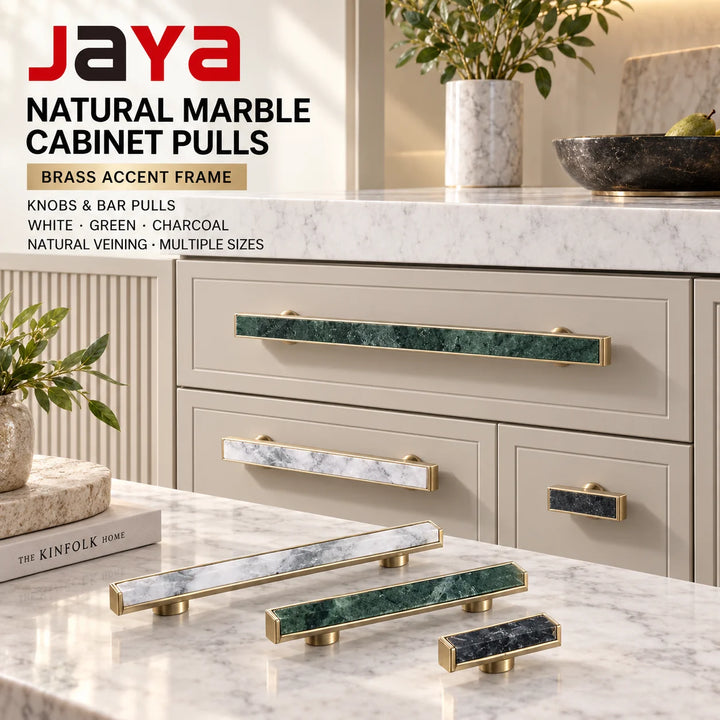 JAYA Natural Marble Cabinet Knobs and Bar Pulls with Brass Frame for Kitchen Drawer Cupboard Wardrobe and Dresser