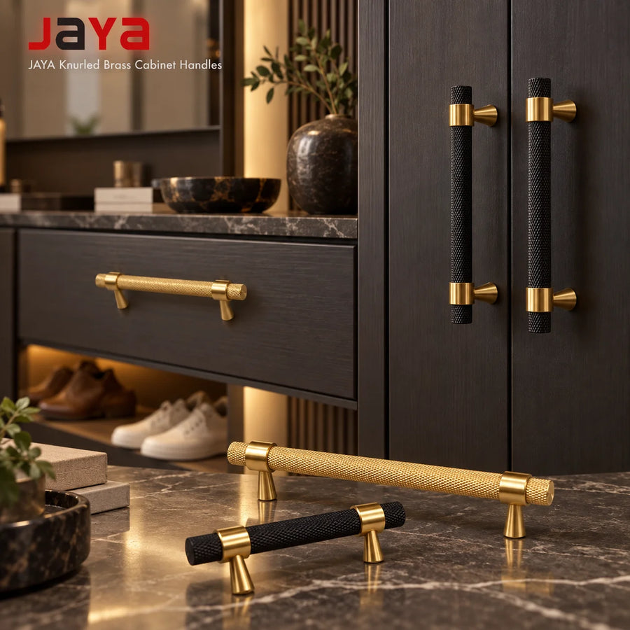 JAYA Nordic Value Black Brass Modern Knurled Handle for Kitchen Cabinet Wardrobe Drawer Shoe Cabinet Doors