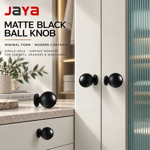 JAYA Modern Matte Black Brass Ball Cabinet Knob, Single-Hole Drawer Pull for Wardrobes and Kitchen Cabinets