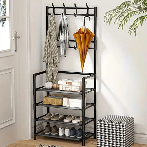 DAJUE Modern Convertible 4-Layer Shoe Rack with Hat & Coat Storage for Living Room & Dining Area Metal Iron Construction