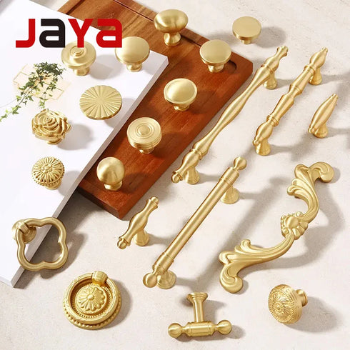 JAYA Brass Cabinet Knobs and Handles Luxury Gold Decorative Single Hole Knobs and Furniture Drawer Pulls for Kitchen Wardrobe