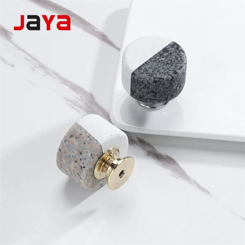 JAYA Modern Two Tone Natural Marble Cabinet Knobs with Solid Brass Base for Kitchen Drawer Dresser Wardrobe Furniture