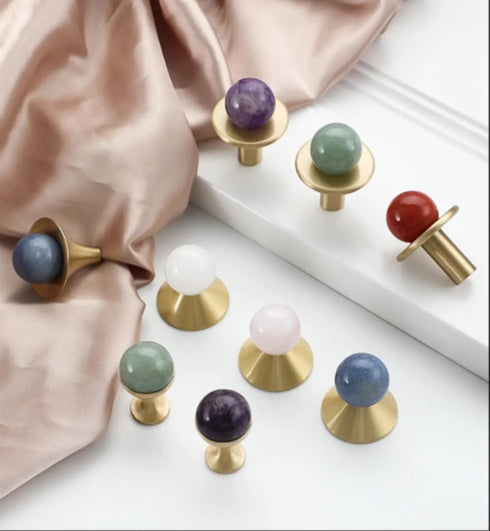 JAYA Nordic Natural Stone Ball Cabinet Knobs with Brass Base Single Hole Drawer Pulls for Dresser Wardrobe Shoe Cabinet
