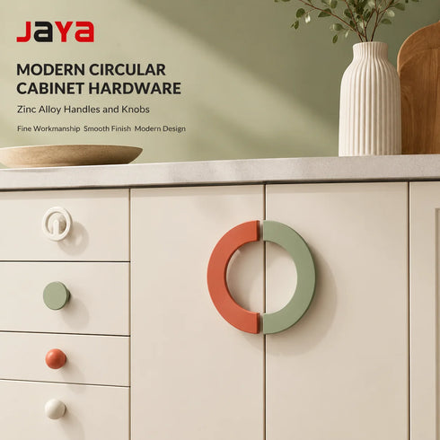 JAYA Modern Colorful Zinc Alloy Half Moon Cabinet Handles and Round Knobs for Kitchen Wardrobe Drawer Furniture
