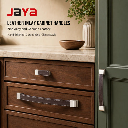 JAYA Vintage Genuine Leather Inlay Zinc Alloy Cabinet Pull Handles and T Knobs for Kitchen Drawer Wardrobe Furniture