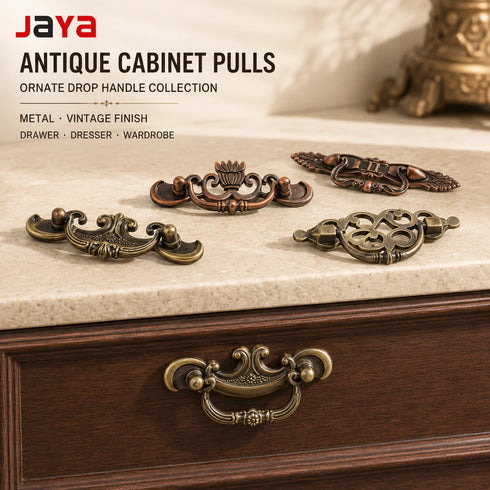 JAYA Antique Metal Drop Bail Cabinet Pull Handles Vintage Brass Finish for Kitchen Drawer Dresser Wardrobe Furniture