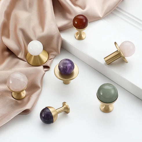 JAYA Nordic Natural Stone Ball Cabinet Knobs with Brass Base Single Hole Drawer Pulls for Dresser Wardrobe Shoe Cabinet