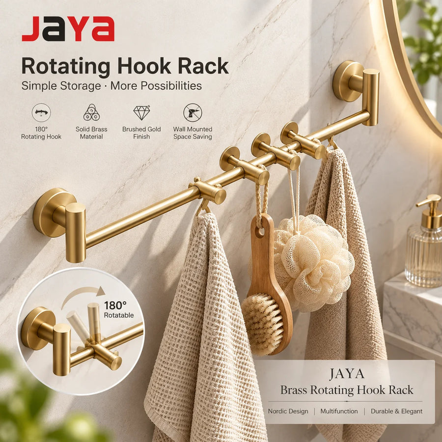 JAYA Nordic Brass Hook Brushed Gold Rotating Coat Hook Wall Hanging Storage Rack Toilet Hanging Rod Hook