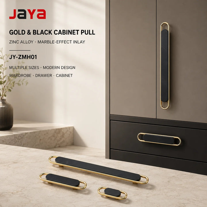 JAYA Zinc Alloy Cabinet Pull Handle Gold Frame Black Marble Effect Inlay for Wardrobe Drawer Door Furniture