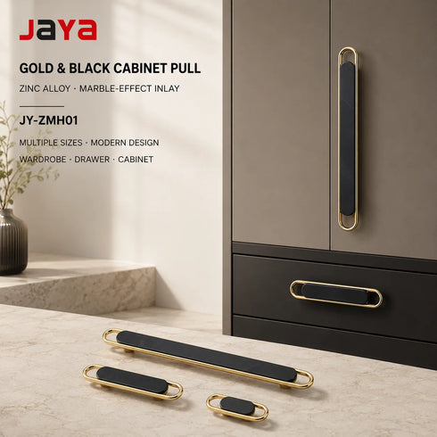 JAYA Zinc Alloy Cabinet Pull Handle Gold Frame Black Marble Effect Inlay for Wardrobe Drawer Door Furniture