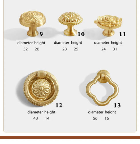 JAYA Brass Cabinet Knobs and Handles Luxury Gold Decorative Single Hole Knobs and Furniture Drawer Pulls for Kitchen Wardrobe