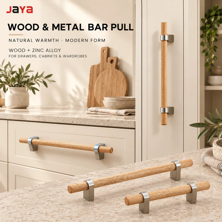 JAYA Natural Wood and Zinc Alloy Bar Cabinet Pulls, Modern Drawer Handles for Wardrobes and Kitchen Furniture