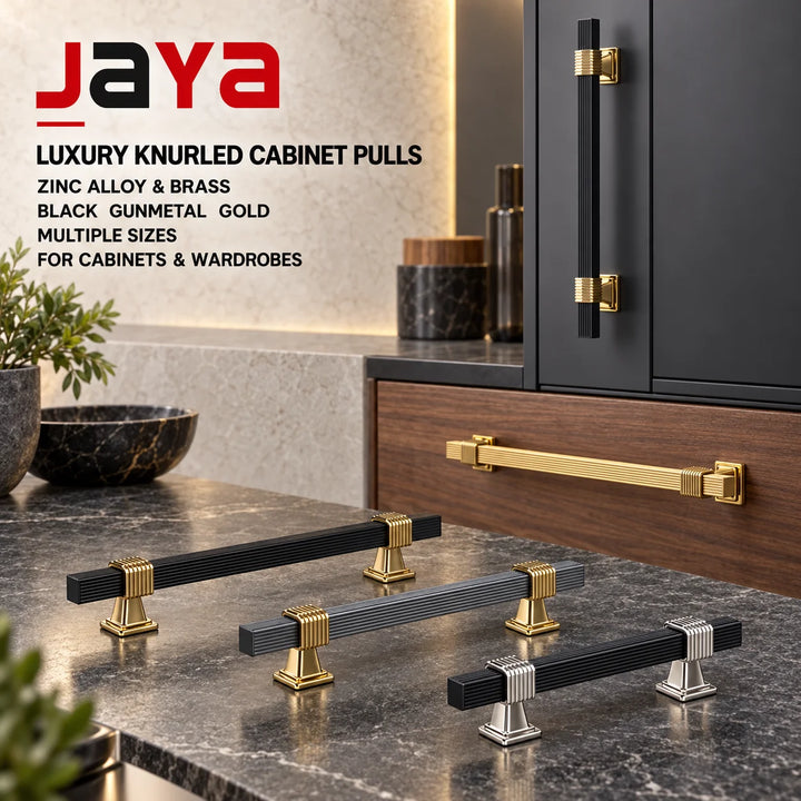 JAYA Luxury Knurled Zinc Alloy Brass Cabinet Pull Handles Modern Gold Black Hardware for Kitchen Wardrobe Drawers