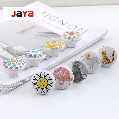 JAYA Modern American Cartoon Ceramic Drawer Handle Single Hole Round Illustration for Children's Room Kitchen Dresser Cabinet