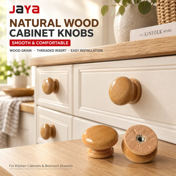 JAYA Natural Wood Cabinet Knob Round Wooden Drawer Pull Smooth Furniture Handle for Kitchen Cupboard Bedroom Dresser