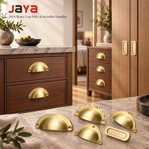 JAYA Luxury Brass Drawer Pulls Modern Kitchen Cabinets Gold Semicircle Invisible Handles Dresser Bedroom Furniture Patina Brass