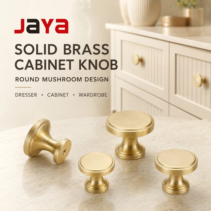 JAYA Modern Round Mushroom Solid Brass Cabinet Knob Brushed Gold Dresser Drawer Wardrobe Kitchen Bathroom Furniture Hardware
