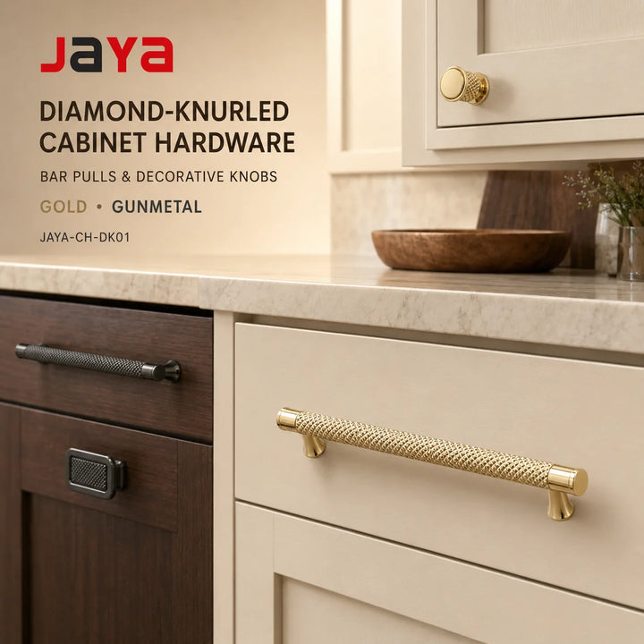 JAYA Diamond Knurled Brass Finish Cabinet Pull Handles and Knobs Gold Gunmetal Kitchen Cupboard Drawer Hardware