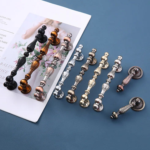 JAYA Classical Zinc Alloy Cabinet Handles Antique Brass Decorative Drawer Pulls Retro Pendant Knobs for Kitchen Bedroom