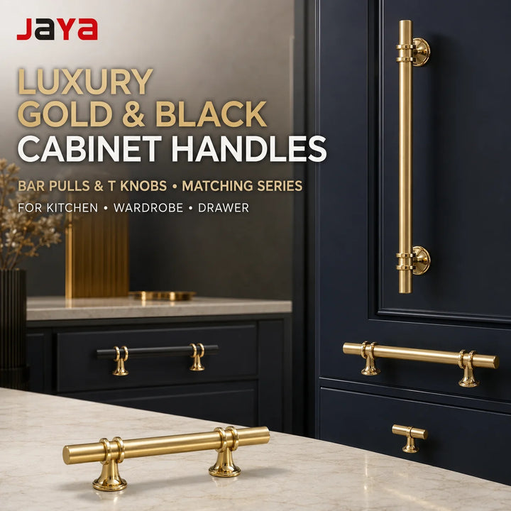 JAYA Luxury Gold and Black Cabinet Handles Modern Bar Drawer Pulls T Knobs for Kitchen Wardrobe Cupboard Furniture Hardware