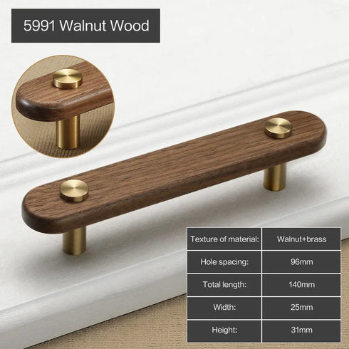JAYA Solid American Walnut Cabinet Handles Drawer Pulls and Knobs with Brass Accents for Kitchen Wardrobe Cupboard Furniture