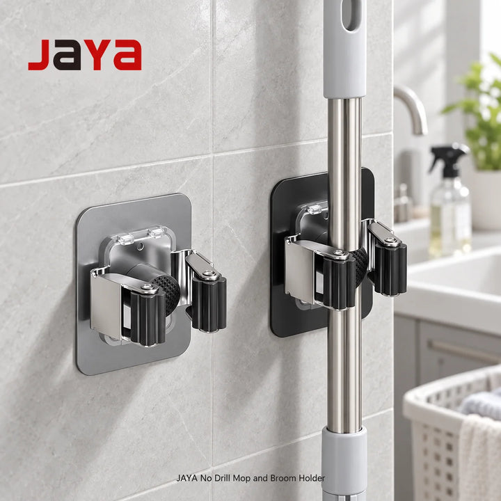 JAYA No Drill Adhesive Wall Mounted Mop Broom Holder Clamp Brush Hanger Hook for Bathroom Laundry Room