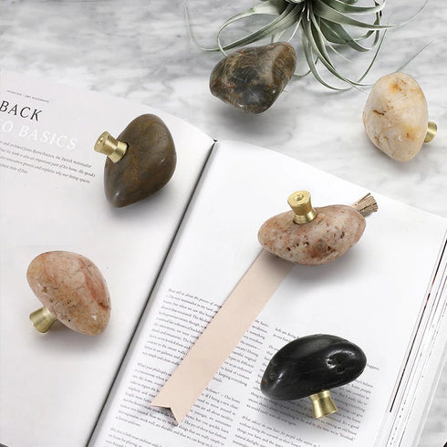 JAYA Natural Pebble Stone Cabinet Knobs with Brass Base Mini Drawer Pulls for Kitchen Wardrobe and Furniture Doors