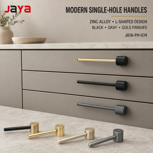 JAYA Modern Minimalist Zinc Alloy L-Shaped Single-Hole Cabinet Handles Black Gray Gold Drawer Pulls