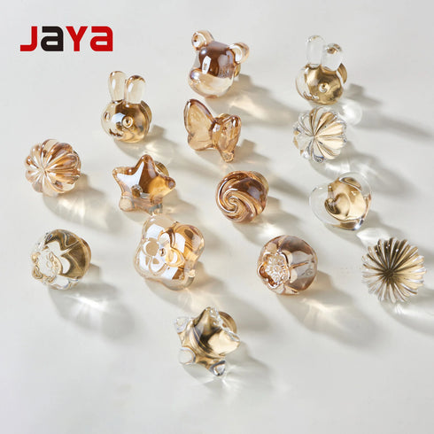 JAYA Transparent Champagne Crystal Cabinet Knobs with Brass Base Decorative Drawer Pulls for Wardrobe and Dresser