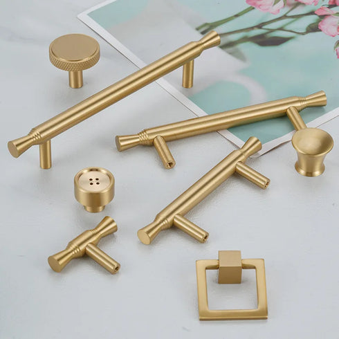 JAYA Solid Brass Cabinet Pull Handles and Knobs Satin Gold Furniture Hardware for Kitchen Drawers Wardrobe Doors